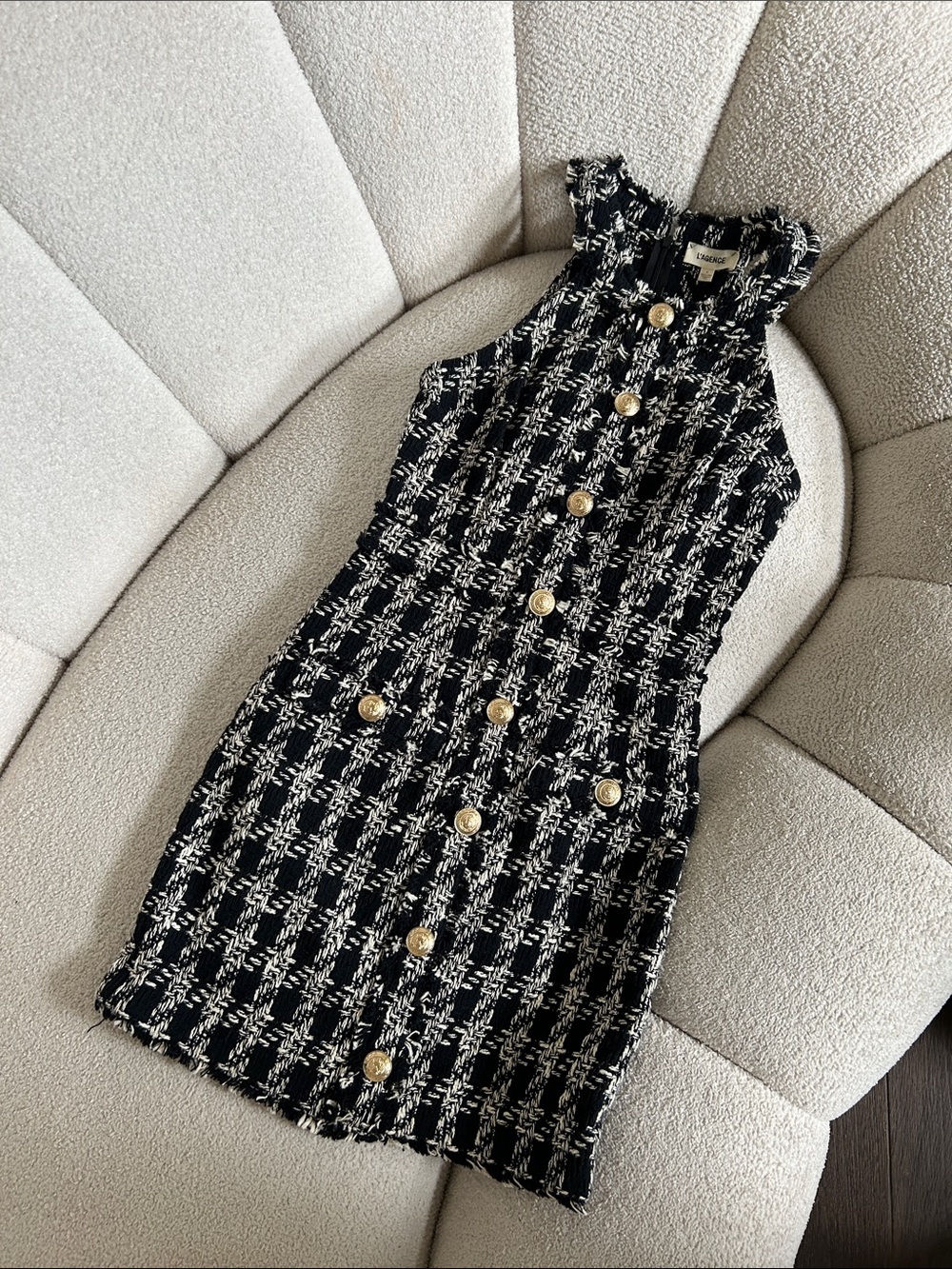 L'AGENCE Black & White Tweed Button-Front Sheath Dress